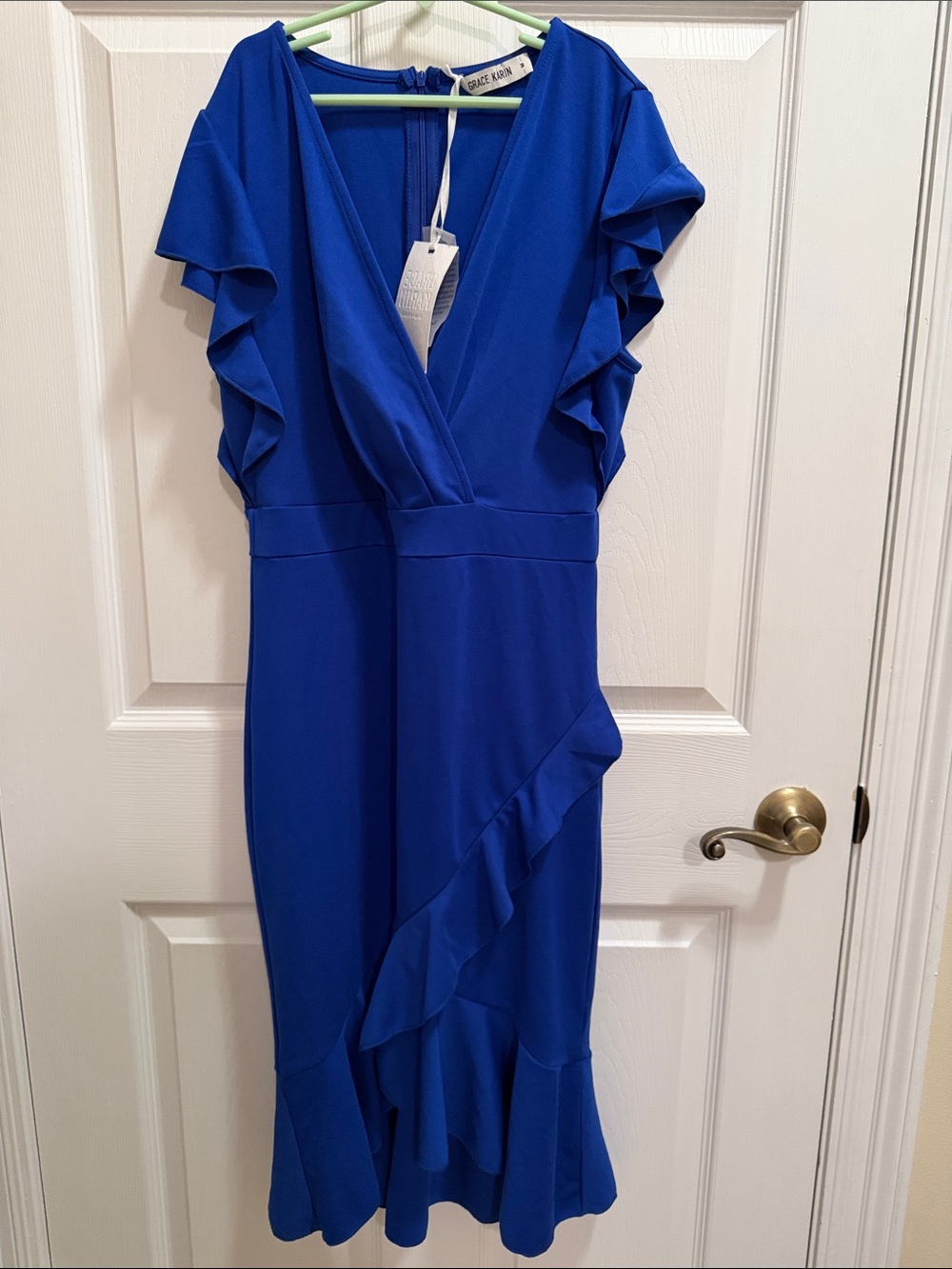 Grace Karin Cobalt Blue Ruffle Wrap Midi Dress
